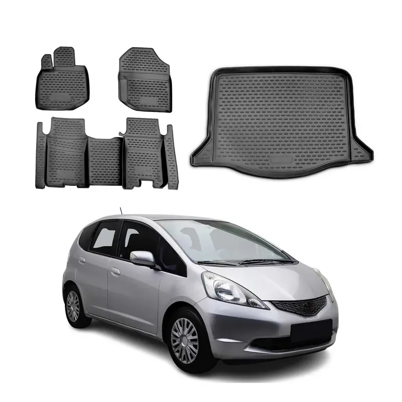 Kit Tapis de sol et coffre pour Honda Jazz mk2 HB 2008-2015 Caoutchouc TPE Noir