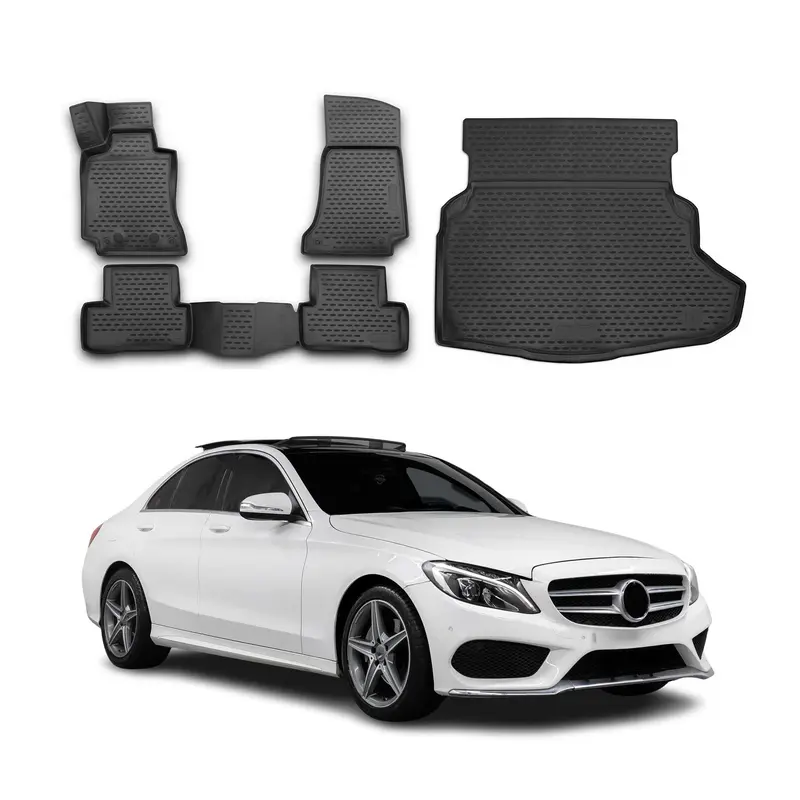 Kit Tapis de sol et coffre pour Mercedes Classe C W205 2014-2021 Caoutchouc Noir