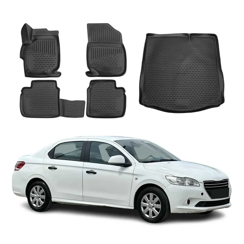 Kit Tapis de sol et coffre pour Peugeot 301 2012-2026 SD en Caoutchouc TPE Noir
