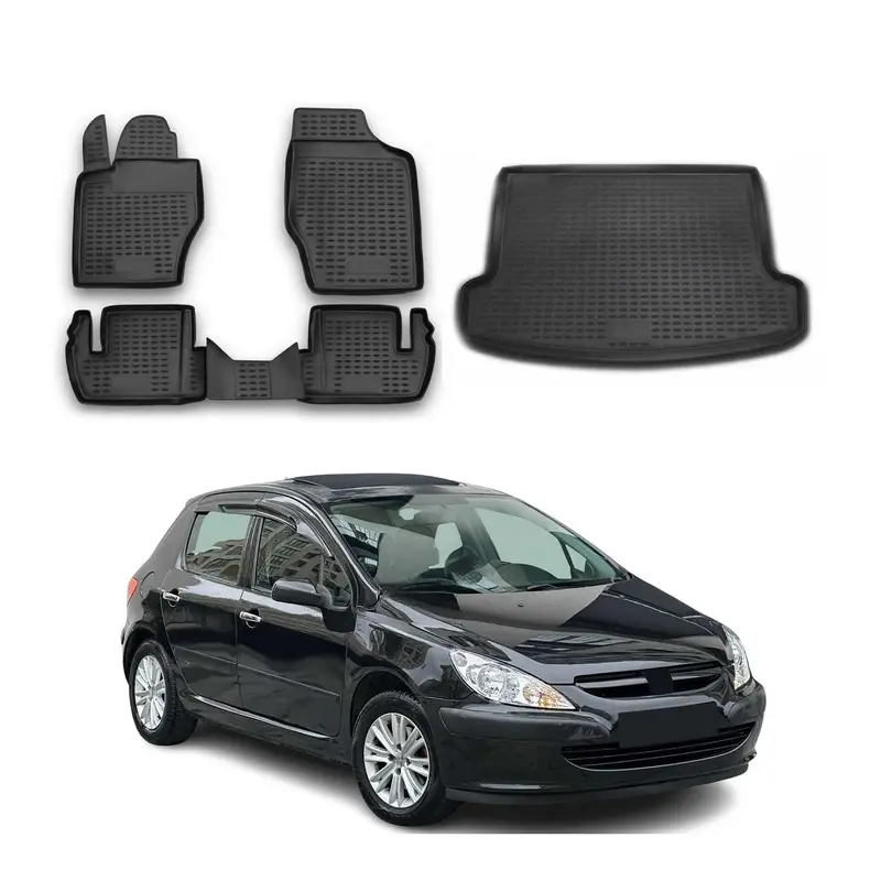Kit Tapis de sol et coffre pour Peugeot 307 2001-2008 Break en Caoutchouc Noir