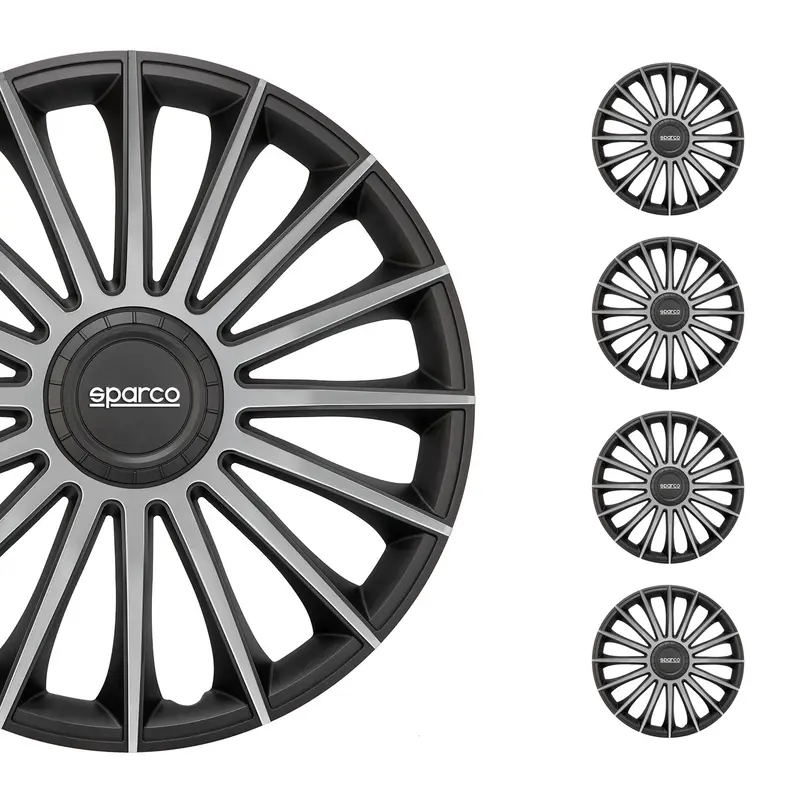 SPARCO Jeu Enjoliveurs de Roues 15 Pouces Noir Argenté ABS 4 piéces