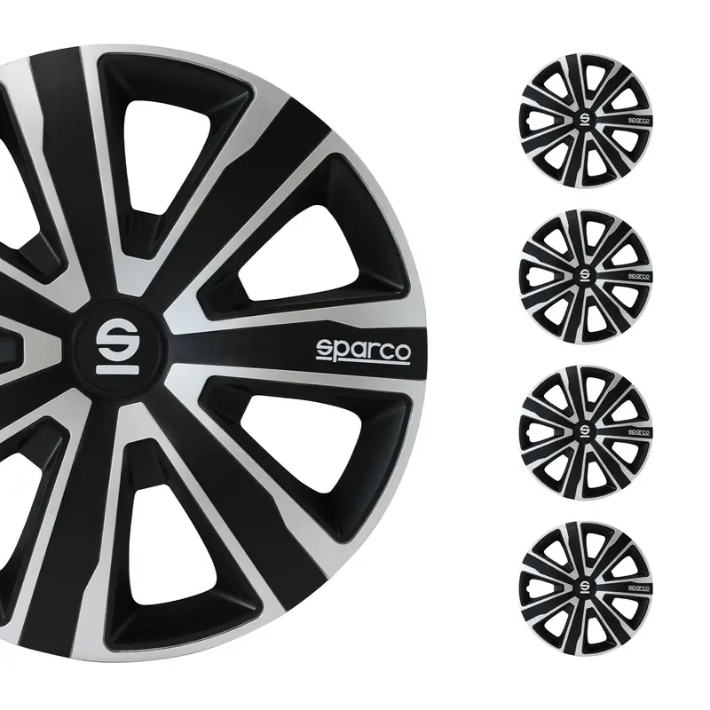 SPARCO Jeu Enjoliveurs de Roues 16 Pouces Argenté en ABS Noir 4 piéces