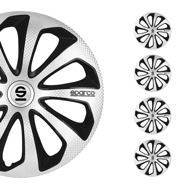 SPARCO Jeu Enjoliveurs de Roues 16 Pouces Argenté Noir Carbone 4Pcs
